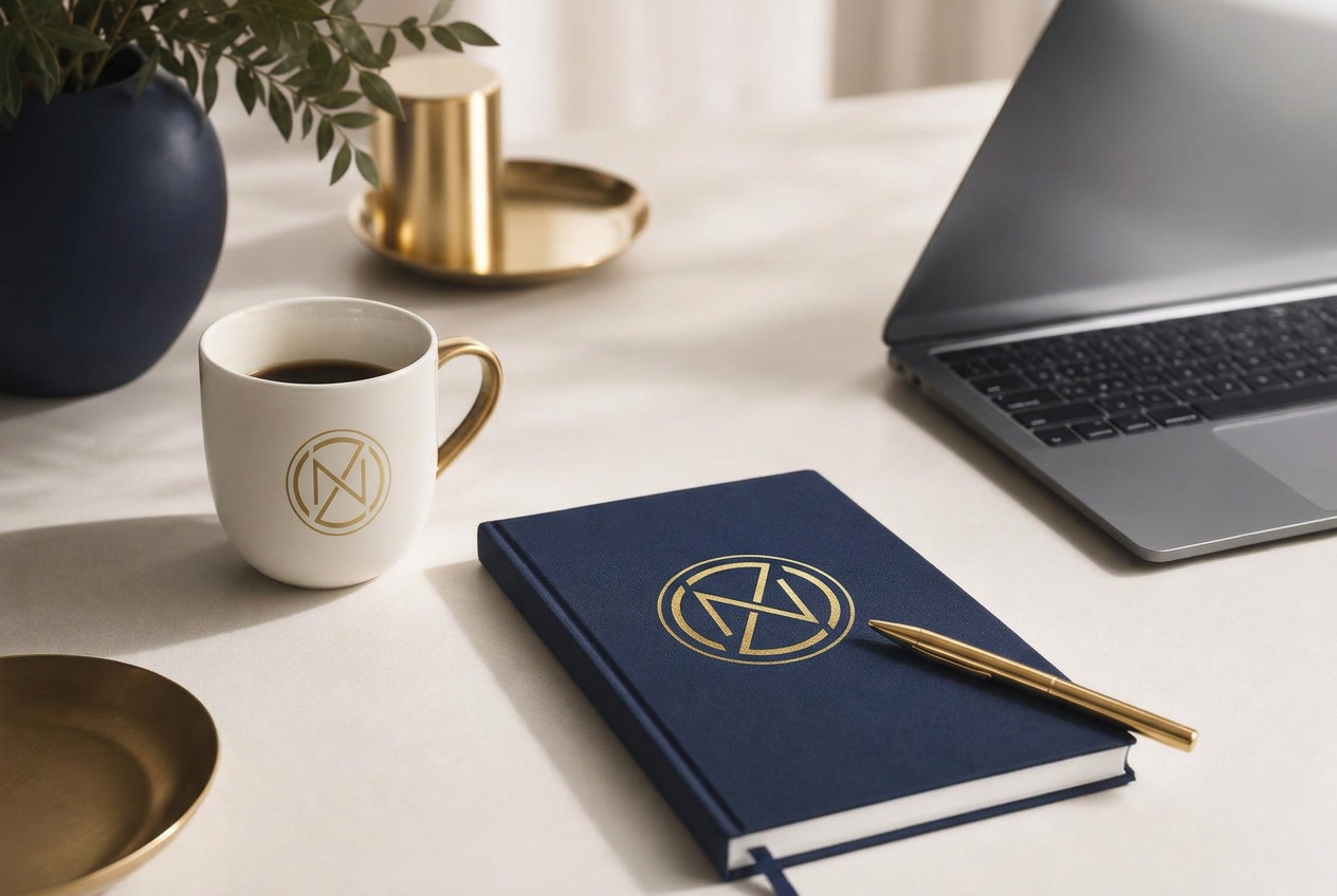 Zevara Networking branded desk with laptop, notebook and coffee mug