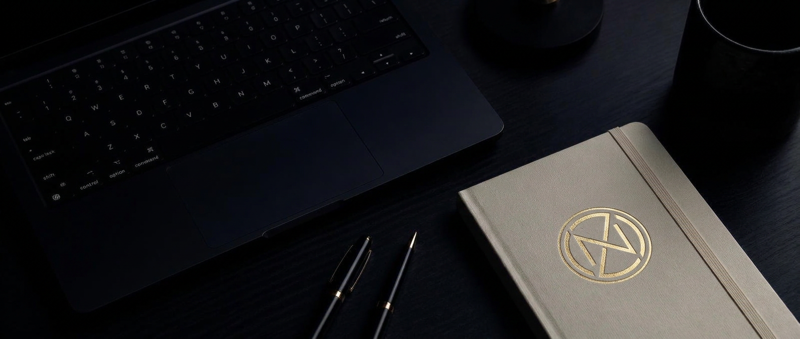 Dark desk with notebook and pens